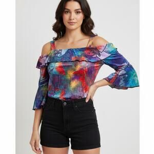 Adore Stained Glass Off Shoulder Top Womens Medium Colorful Flounce Bell Sleeve